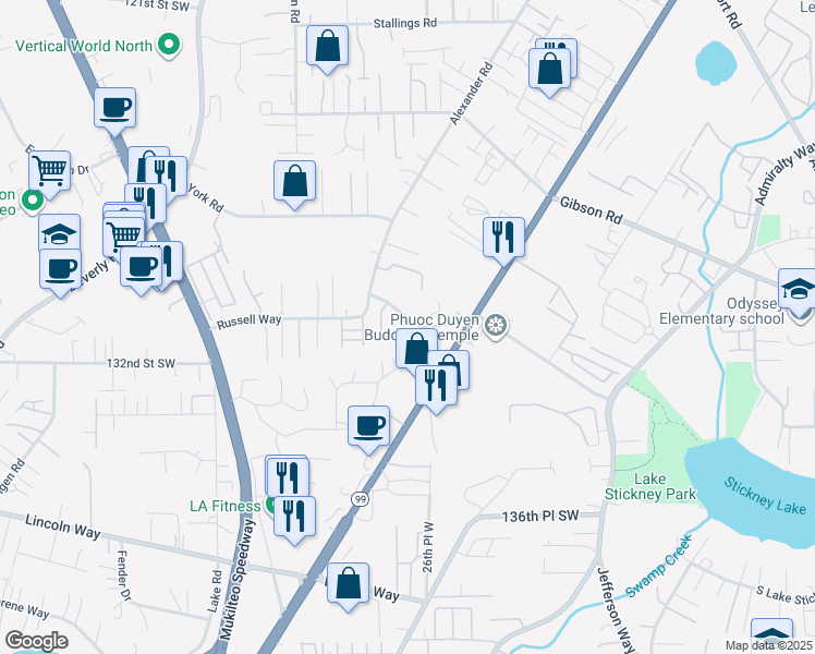map of restaurants, bars, coffee shops, grocery stores, and more near 2624 Russell Way in Everett