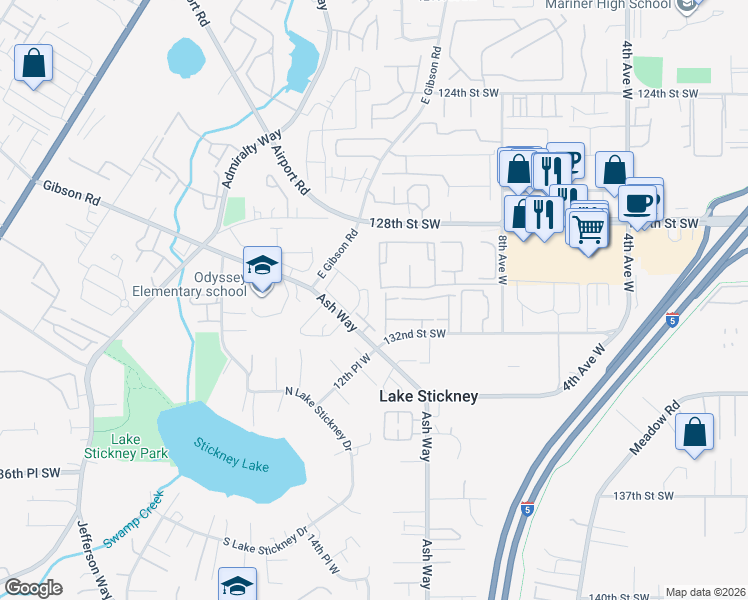 map of restaurants, bars, coffee shops, grocery stores, and more near 12907 East Gibson Road in Everett