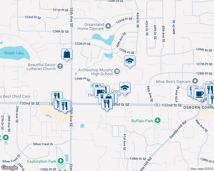 map of restaurants, bars, coffee shops, grocery stores, and more near 12911 39th Avenue Southeast in Everett
