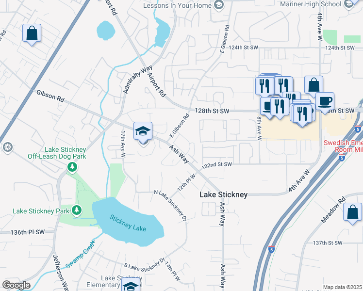 map of restaurants, bars, coffee shops, grocery stores, and more near 13009 East Gibson Road in Everett