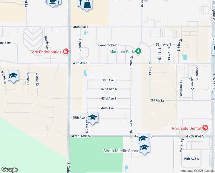 map of restaurants, bars, coffee shops, grocery stores, and more near 2448 42nd Avenue South in Grand Forks