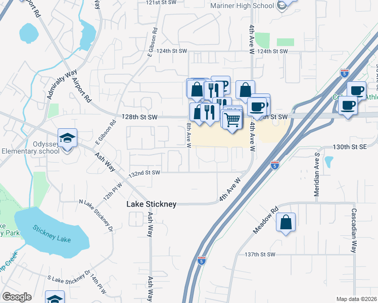 map of restaurants, bars, coffee shops, grocery stores, and more near 13001 8th Avenue West in Everett