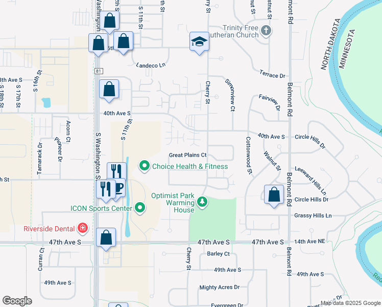 map of restaurants, bars, coffee shops, grocery stores, and more near 718 Great Plains Court in Grand Forks
