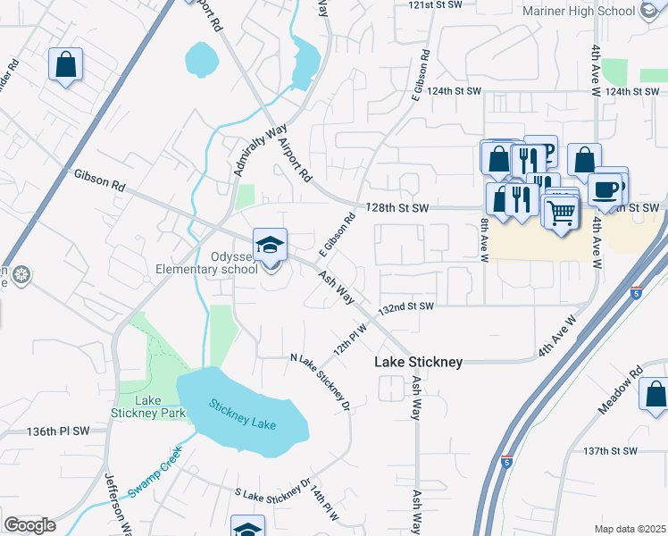 map of restaurants, bars, coffee shops, grocery stores, and more near 13009 East Gibson Road in Everett