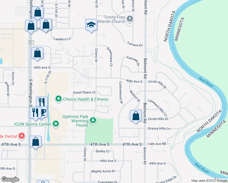 map of restaurants, bars, coffee shops, grocery stores, and more near 601 Great Plains Court in Grand Forks