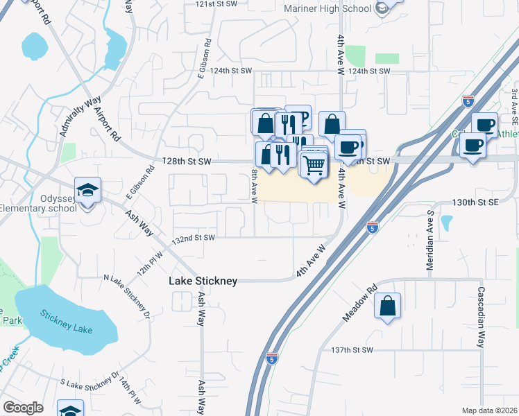 map of restaurants, bars, coffee shops, grocery stores, and more near 13001 8th Avenue West in Everett