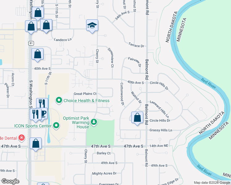 map of restaurants, bars, coffee shops, grocery stores, and more near 601 Great Plains Court in Grand Forks