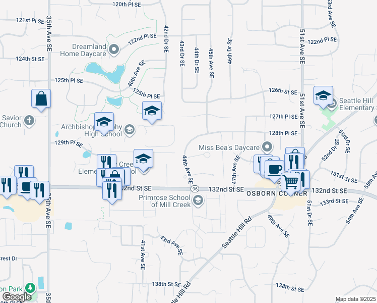 map of restaurants, bars, coffee shops, grocery stores, and more near 4401 130th Street Southeast in Everett