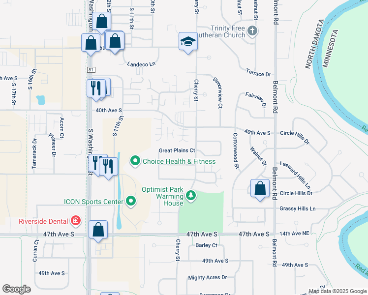 map of restaurants, bars, coffee shops, grocery stores, and more near 706 Great Plains Court in Grand Forks
