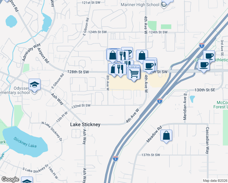 map of restaurants, bars, coffee shops, grocery stores, and more near 13031 8th Avenue West in Everett