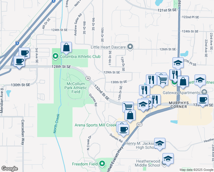 map of restaurants, bars, coffee shops, grocery stores, and more near 1110 130th Street Southeast in Everett