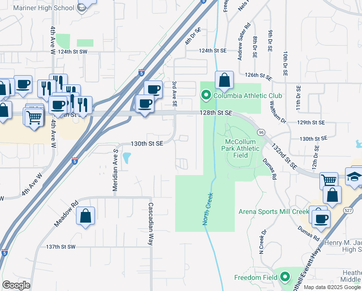 map of restaurants, bars, coffee shops, grocery stores, and more near 13003 3rd Avenue Southeast in Everett