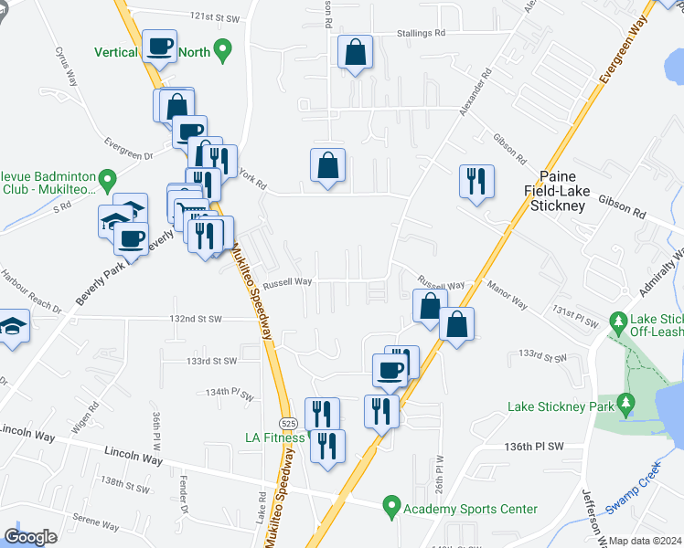 map of restaurants, bars, coffee shops, grocery stores, and more near 2927 Russell Way in Lynnwood