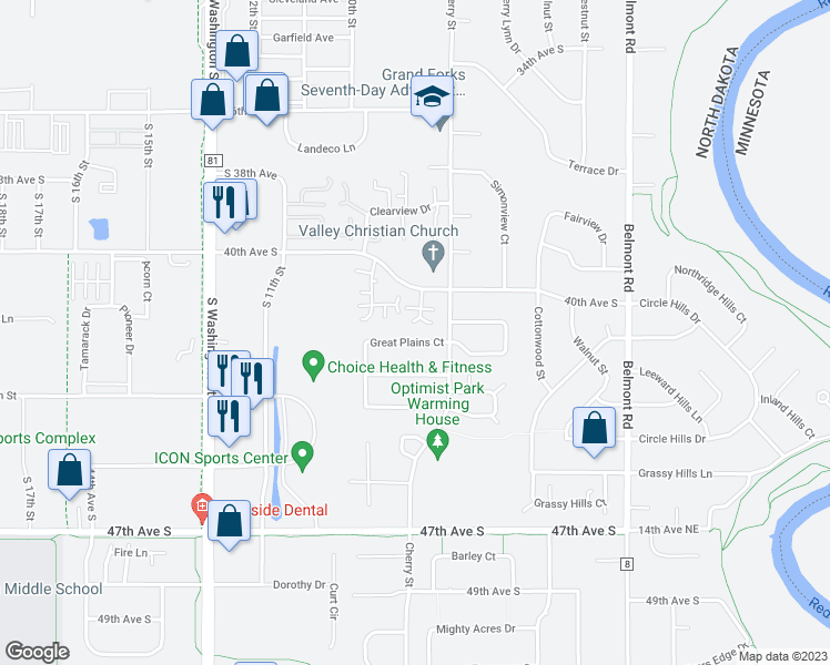 map of restaurants, bars, coffee shops, grocery stores, and more near 716 Great Plains Court in Grand Forks