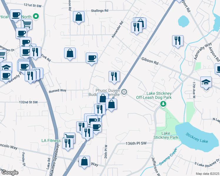 map of restaurants, bars, coffee shops, grocery stores, and more near 13016 Highway 99 in Everett