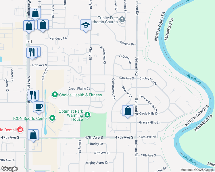 map of restaurants, bars, coffee shops, grocery stores, and more near 601 Great Plains Court in Grand Forks