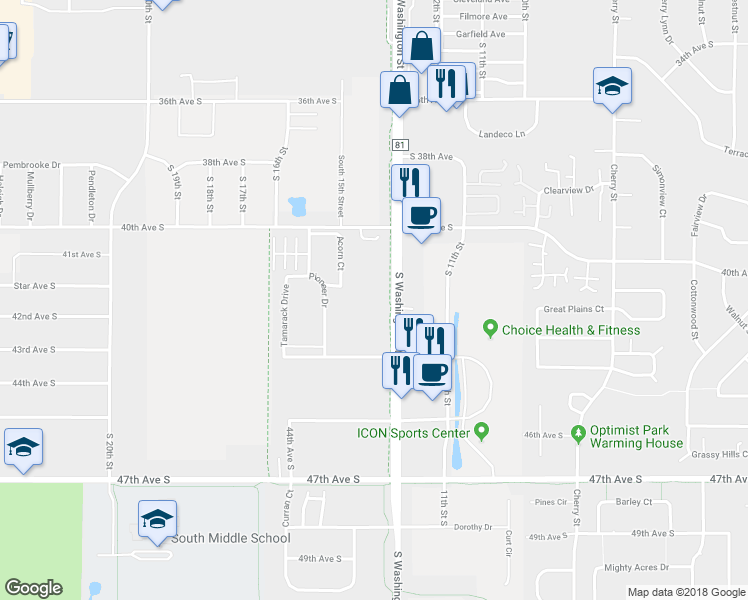 map of restaurants, bars, coffee shops, grocery stores, and more near 4202 South Washington Street in Grand Forks