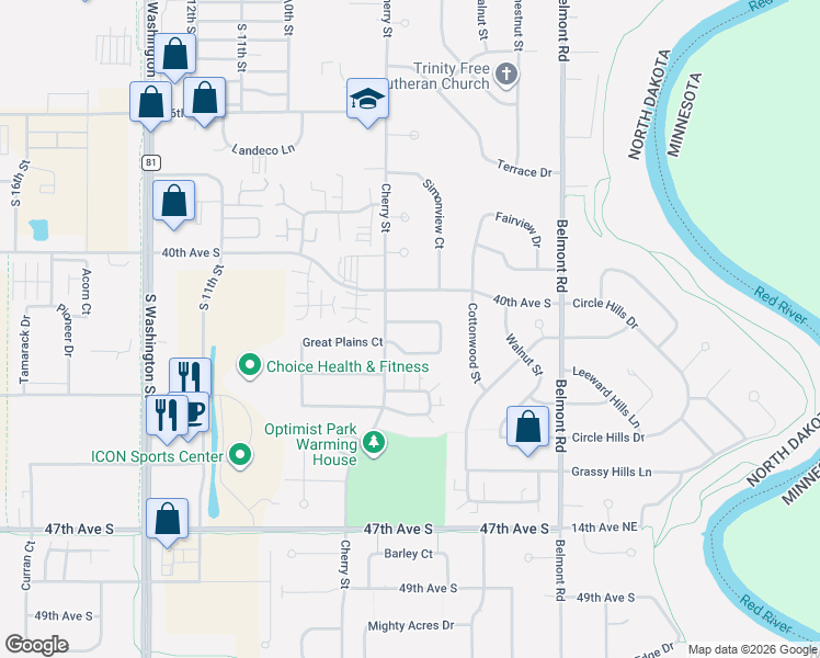 map of restaurants, bars, coffee shops, grocery stores, and more near 621 41st Avenue South in Grand Forks