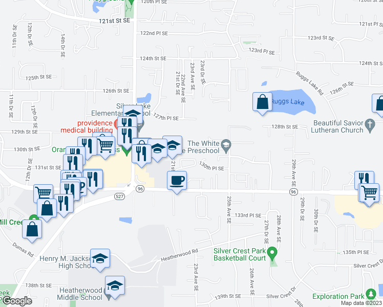 map of restaurants, bars, coffee shops, grocery stores, and more near 2222 129th Place Southeast in Everett