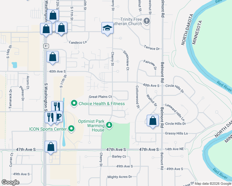 map of restaurants, bars, coffee shops, grocery stores, and more near 621 41st Avenue South in Grand Forks