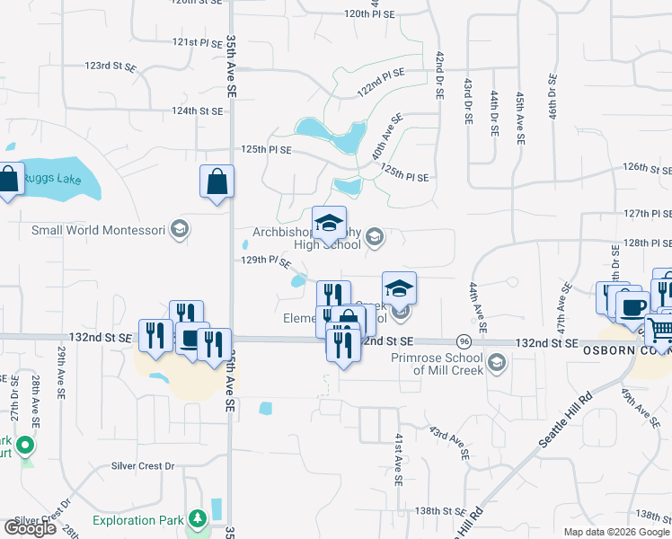 map of restaurants, bars, coffee shops, grocery stores, and more near 12911 39th Avenue Southeast in Everett