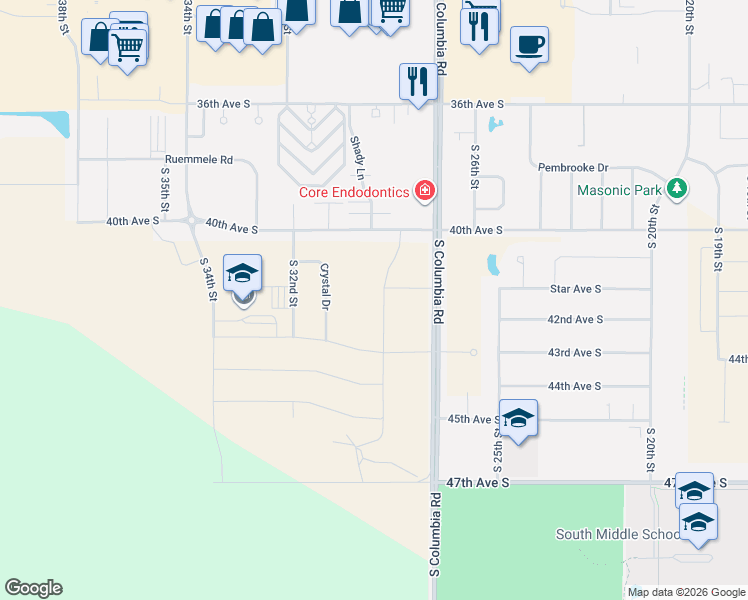 map of restaurants, bars, coffee shops, grocery stores, and more near 43rd Avenue South in Grand Forks