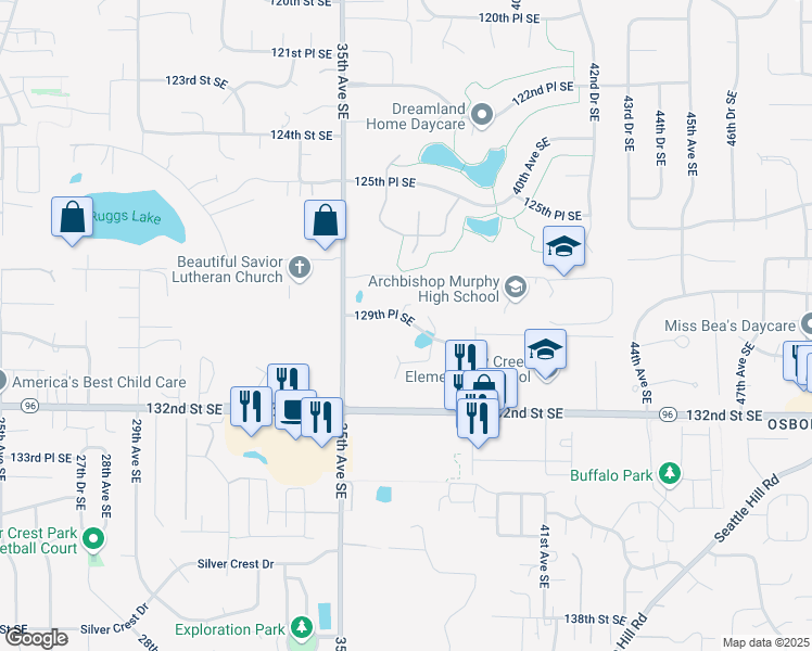 map of restaurants, bars, coffee shops, grocery stores, and more near 3708 129th Place Southeast in Everett