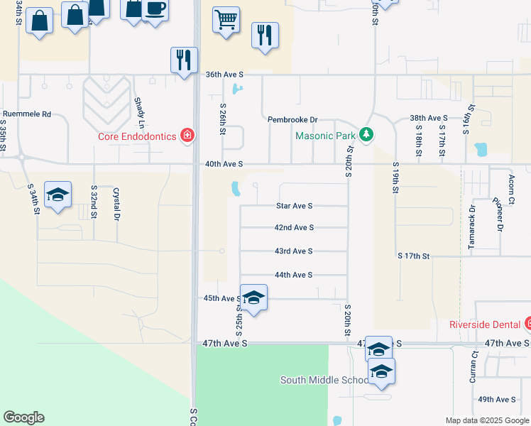 map of restaurants, bars, coffee shops, grocery stores, and more near 2448 42nd Avenue South in Grand Forks