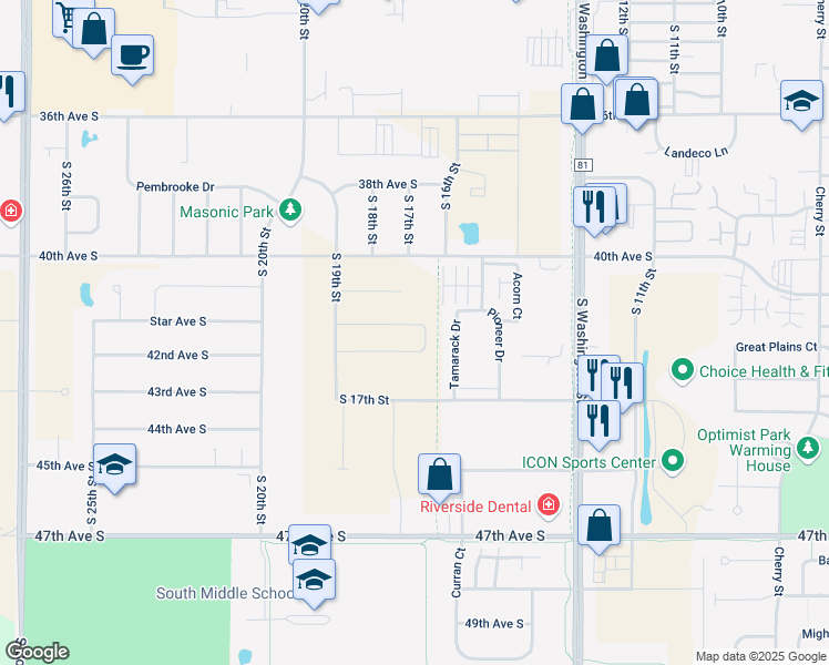 map of restaurants, bars, coffee shops, grocery stores, and more near 4025 South 19th Street in Grand Forks