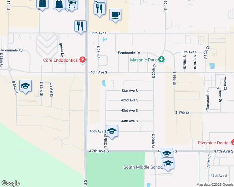 map of restaurants, bars, coffee shops, grocery stores, and more near 2448 42nd Avenue South in Grand Forks