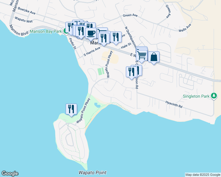 map of restaurants, bars, coffee shops, grocery stores, and more near Lodge Court in Manson