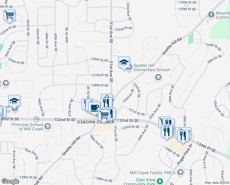map of restaurants, bars, coffee shops, grocery stores, and more near 12829 Seattle Hill Road in Snohomish