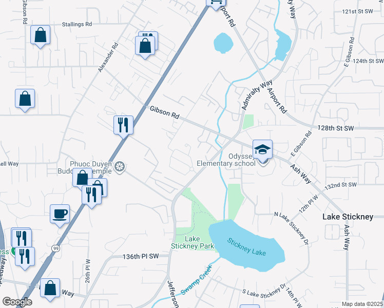 map of restaurants, bars, coffee shops, grocery stores, and more near 1925 129th Place Southwest in Everett