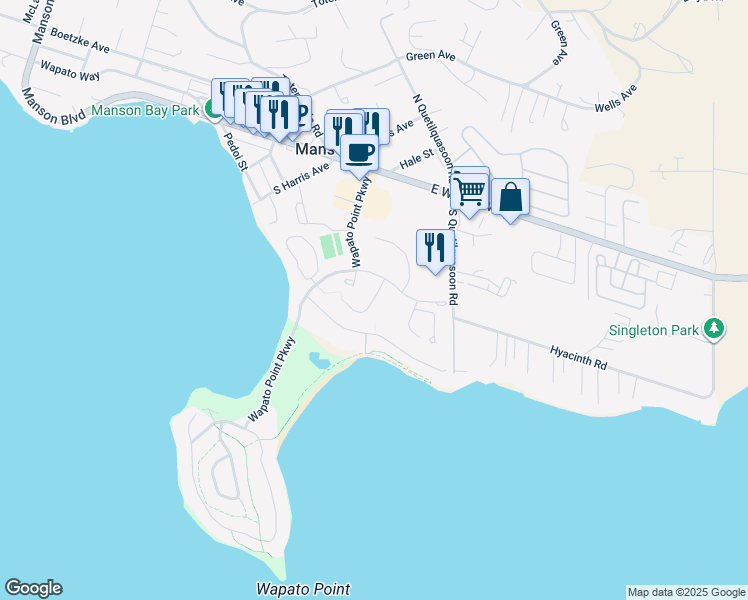 map of restaurants, bars, coffee shops, grocery stores, and more near Lodge Court in Manson