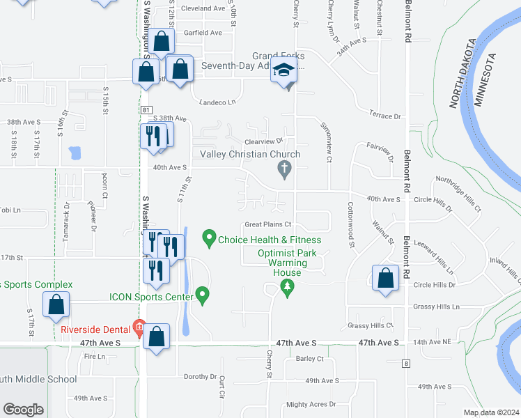 map of restaurants, bars, coffee shops, grocery stores, and more near 815 40th Avenue South in Grand Forks