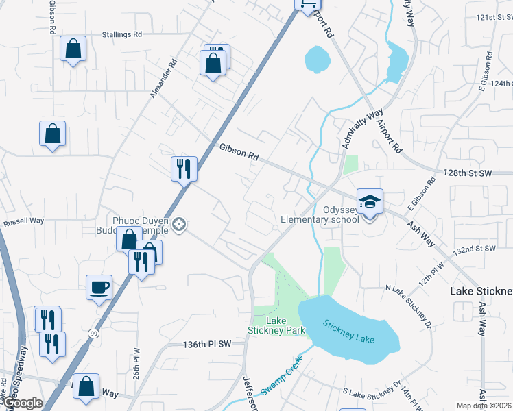 map of restaurants, bars, coffee shops, grocery stores, and more near 2106 130th Place Southwest in Everett