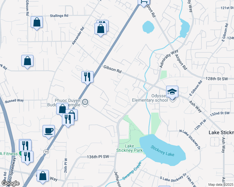 map of restaurants, bars, coffee shops, grocery stores, and more near 2106 130th Place Southwest in Everett