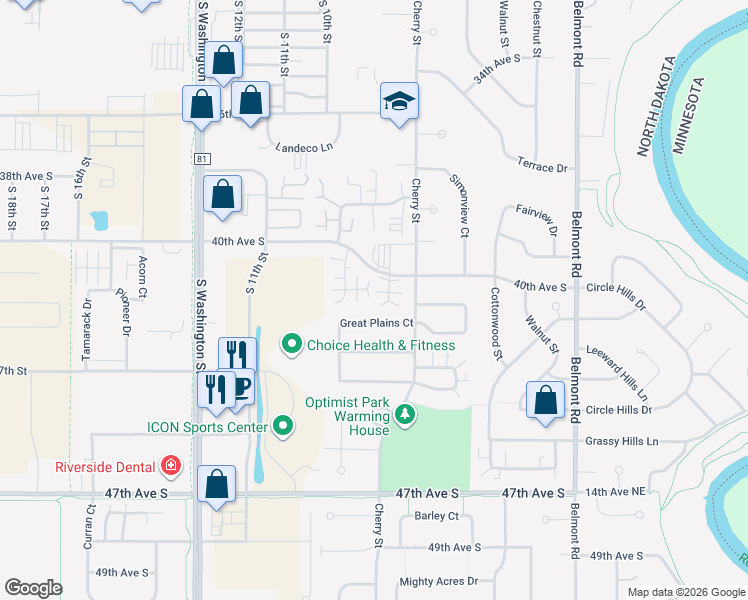 map of restaurants, bars, coffee shops, grocery stores, and more near 726 Great Plains Court in Grand Forks