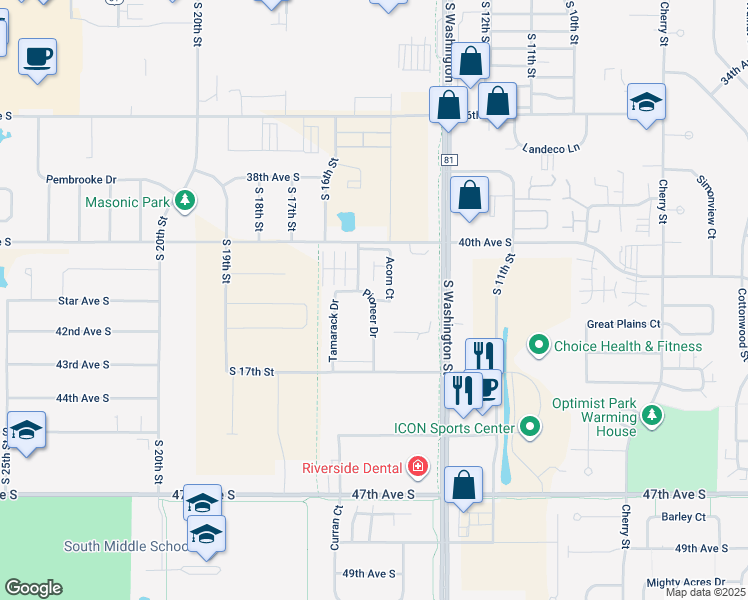 map of restaurants, bars, coffee shops, grocery stores, and more near Pioneer Drive in Grand Forks