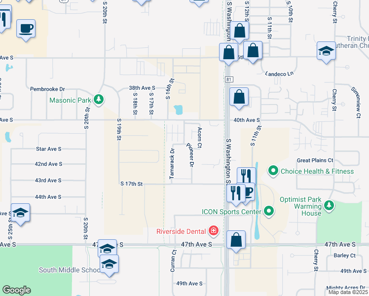 map of restaurants, bars, coffee shops, grocery stores, and more near 4300 Pioneer Drive in Grand Forks