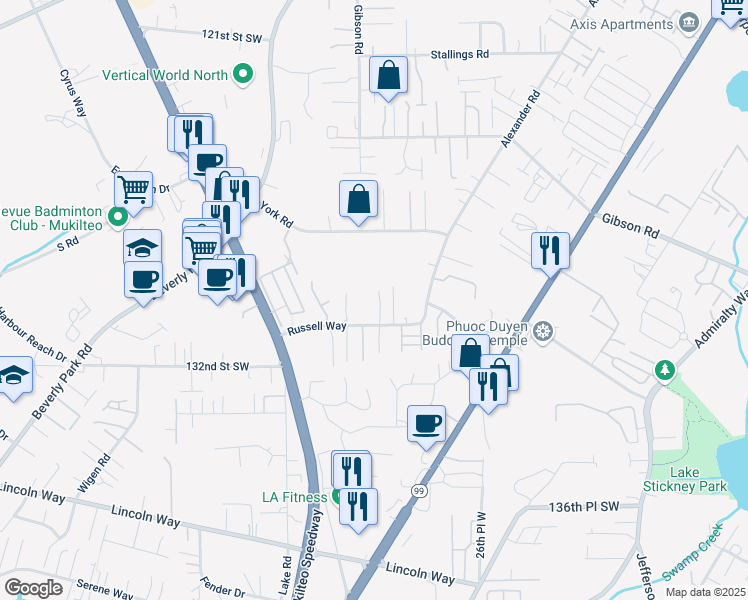 map of restaurants, bars, coffee shops, grocery stores, and more near 2927 Russell Way in Lynnwood