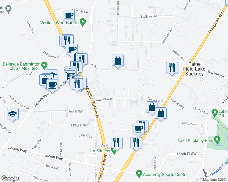 map of restaurants, bars, coffee shops, grocery stores, and more near 13019 31st Avenue West in Lynnwood