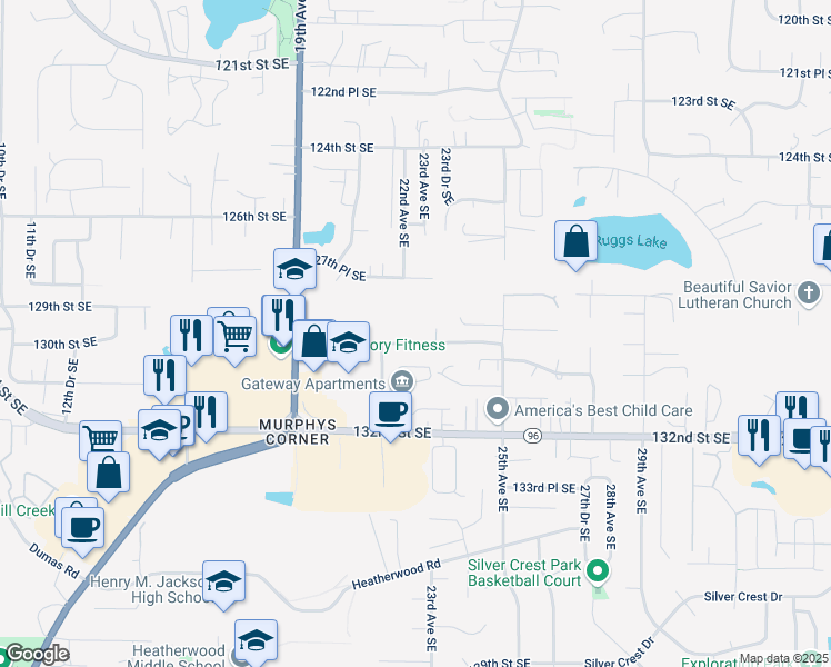 map of restaurants, bars, coffee shops, grocery stores, and more near 2222 129th Place Southeast in Everett