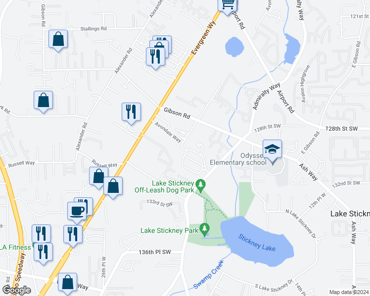 map of restaurants, bars, coffee shops, grocery stores, and more near 2106 130th Place Southwest in Everett