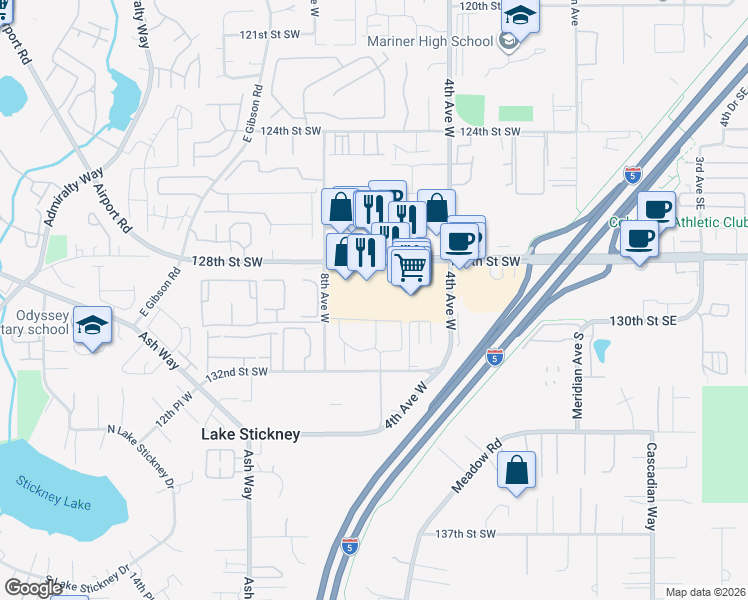 map of restaurants, bars, coffee shops, grocery stores, and more near 628 128th Street Southwest in Everett