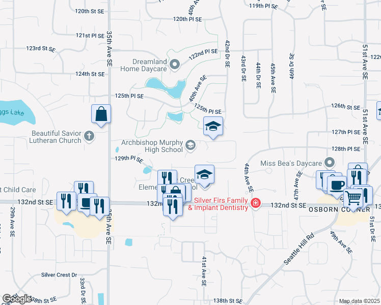 map of restaurants, bars, coffee shops, grocery stores, and more near 12911 39th Avenue Southeast in Everett