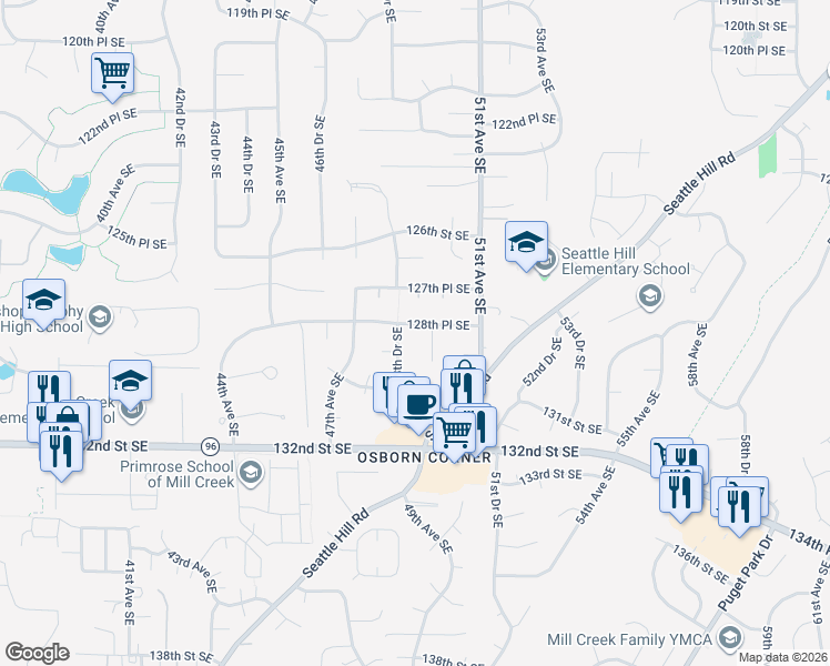 map of restaurants, bars, coffee shops, grocery stores, and more near 12733 49th Avenue Southeast in Everett