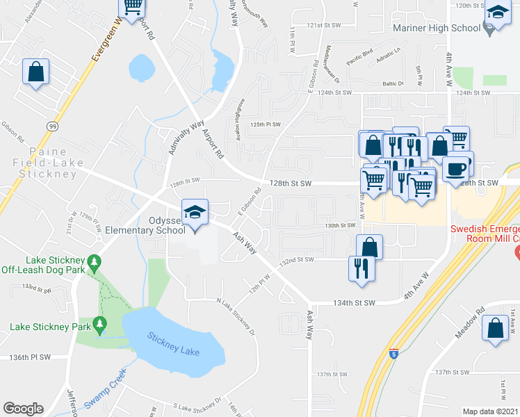 map of restaurants, bars, coffee shops, grocery stores, and more near 12907 East Gibson Road in Everett