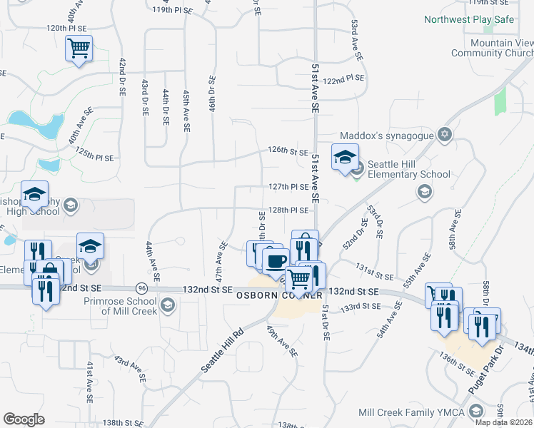 map of restaurants, bars, coffee shops, grocery stores, and more near 12733 49th Avenue Southeast in Everett