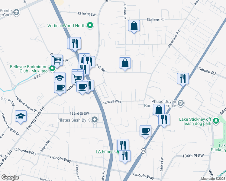map of restaurants, bars, coffee shops, grocery stores, and more near 3106 York Road in Everett